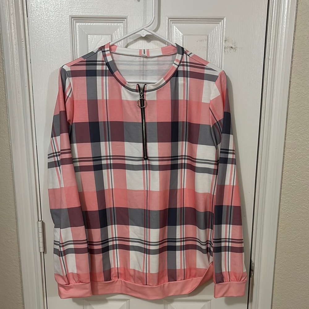 Pink Plaid Zip-Up Top